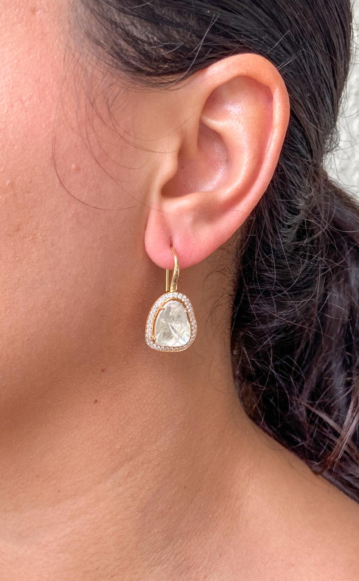 2.59ct Diamond Slice Foil Back 14K Yellow Gold Diamond Halo Earrings OOAK AD2338