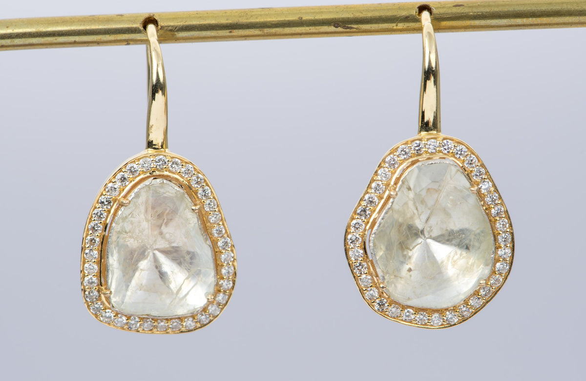 2.59ct Diamond Slice Foil Back 14K Yellow Gold Diamond Halo Earrings OOAK AD2338