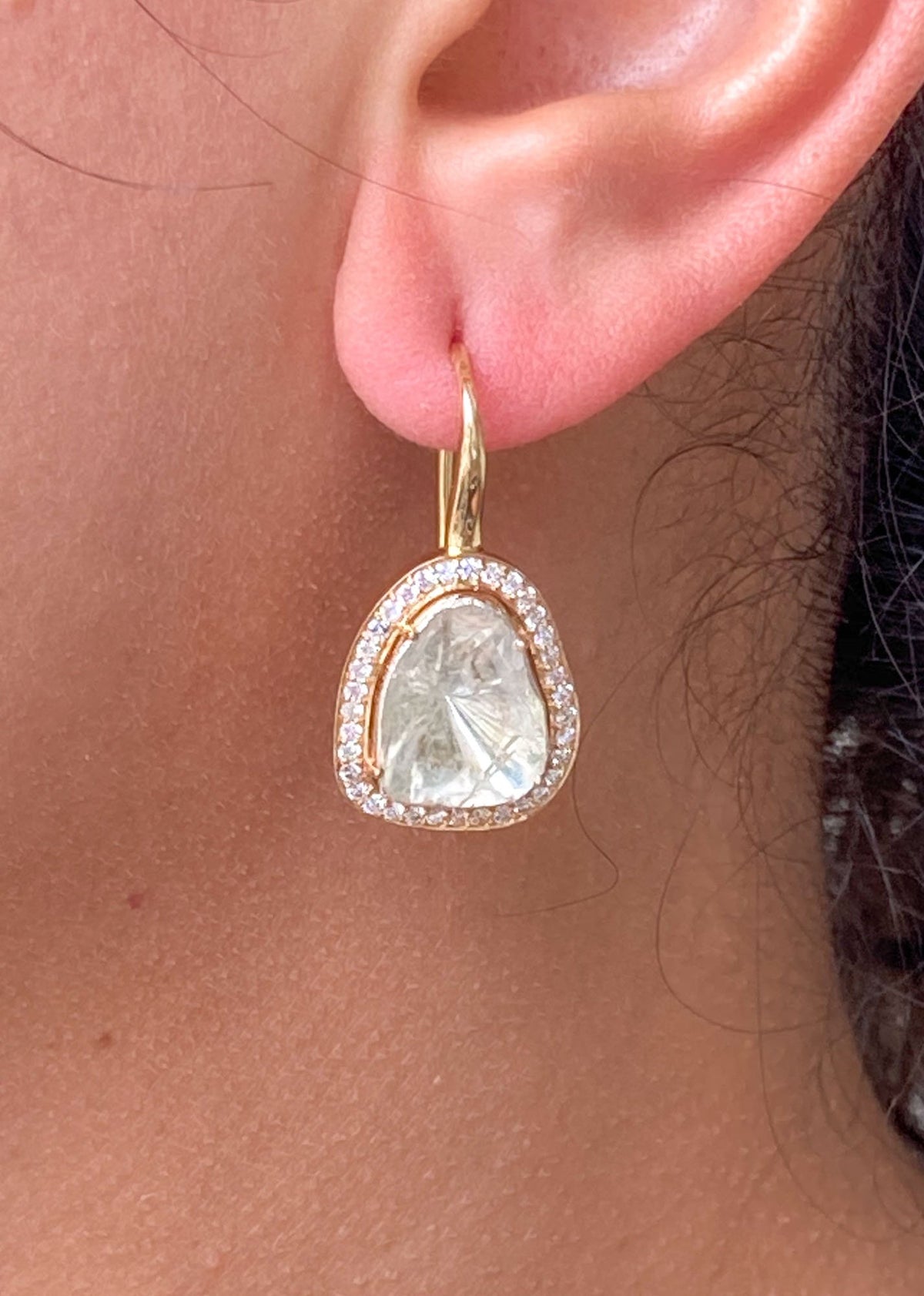 2.59ct Diamond Slice Foil Back 14K Yellow Gold Diamond Halo Earrings OOAK AD2338