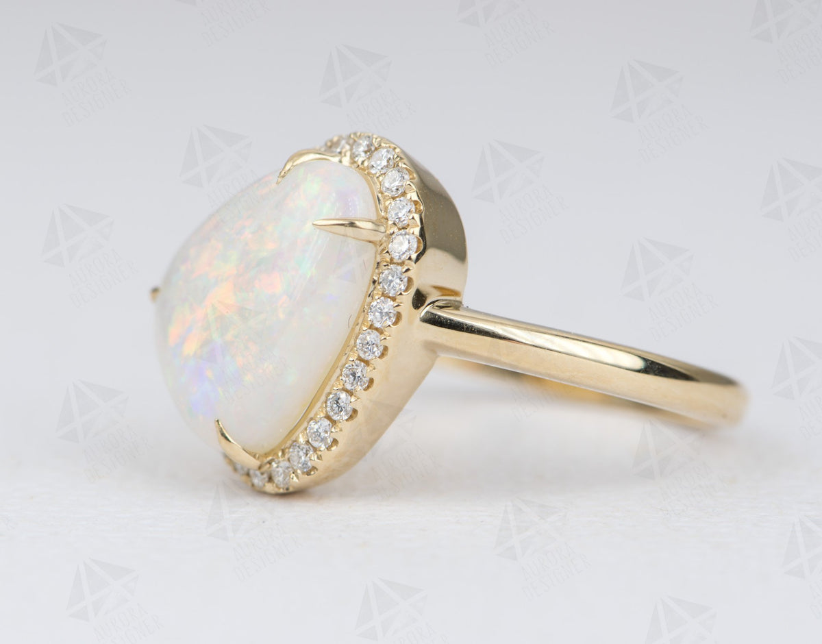 2.59ct Solid Australian Opal Diamond Halo Engagement Ring 14K Yellow Gold Flash of Fire AD2305