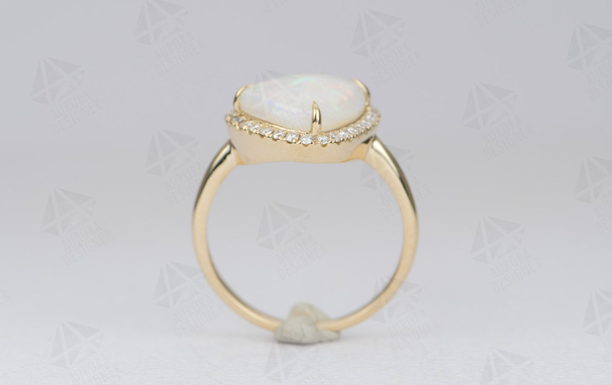2.59ct Solid Australian Opal Diamond Halo Engagement Ring 14K Yellow Gold Flash of Fire AD2305
