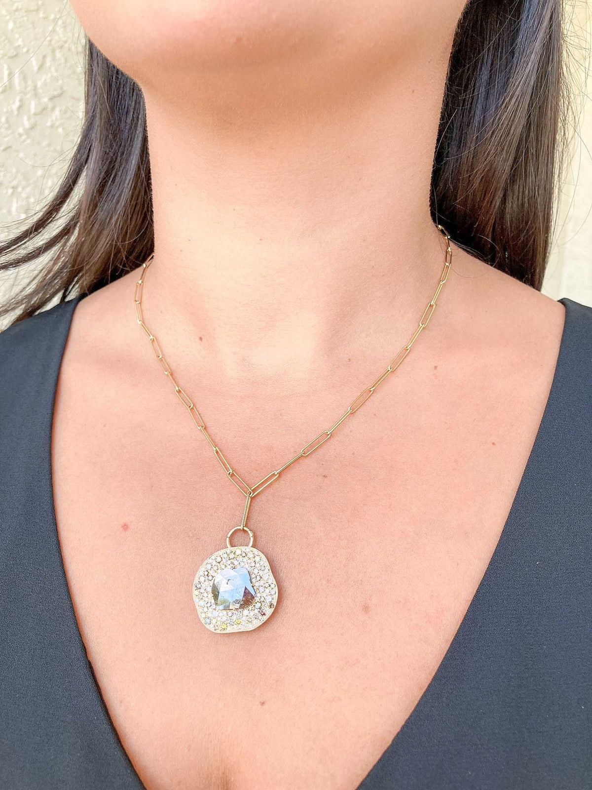2.65ct Diamond Slice Wide Diamond Halo Pendant 14K Yellow Gold Necklace Pendant OOAK Gift AD2379