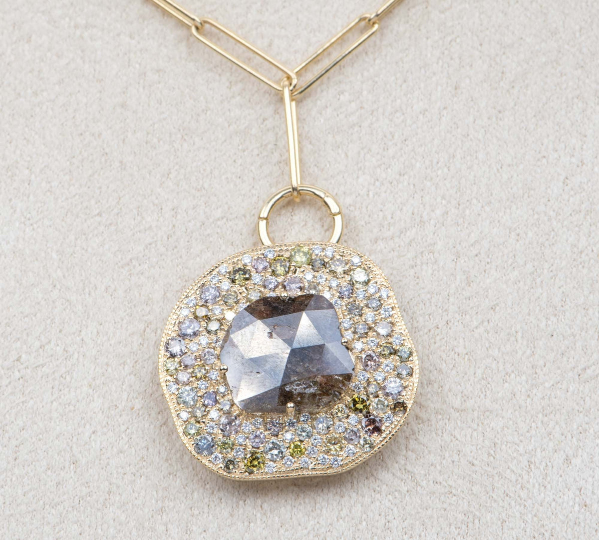 2.65ct Diamond Slice Wide Diamond Halo Pendant 14K Yellow Gold Necklace Pendant OOAK Gift AD2379
