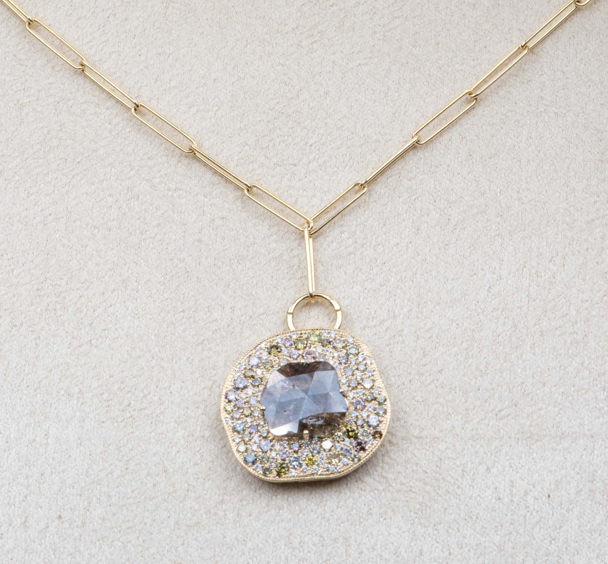 2.65ct Diamond Slice Wide Diamond Halo Pendant 14K Yellow Gold Necklace Pendant OOAK Gift AD2379