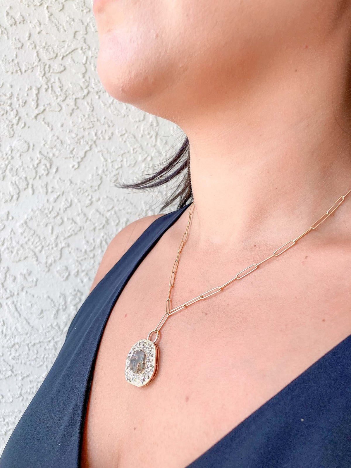2.65ct Diamond Slice Wide Diamond Halo Pendant 14K Yellow Gold Necklace Pendant OOAK Gift AD2379