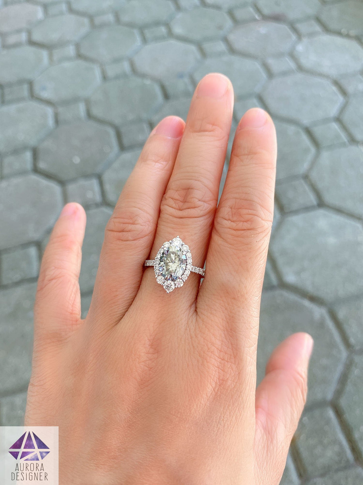 2ct Steel Gray Oval Moissanite Ring Halo Engagement Ring 14K White Gold Unique Diamond AD1541-1