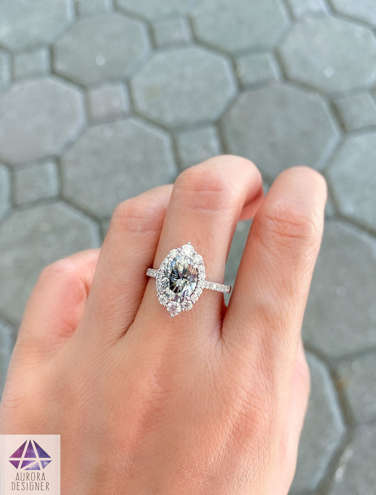 2ct Steel Gray Oval Moissanite Ring Halo Engagement Ring 14K White Gold Unique Diamond AD1541-1