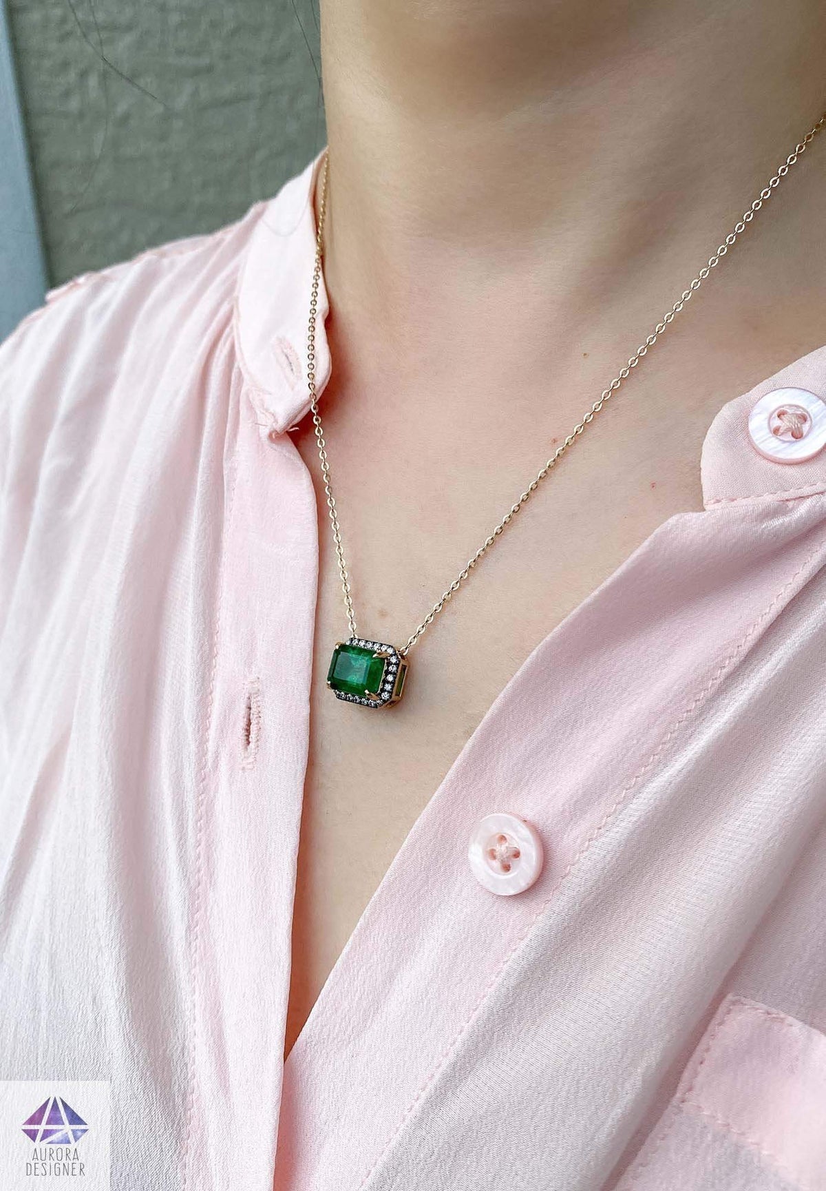 3.19ct Emerald Diamond Halo 14K Yellow Gold Pendant Necklace Green May Birthstone OOAK AD2090