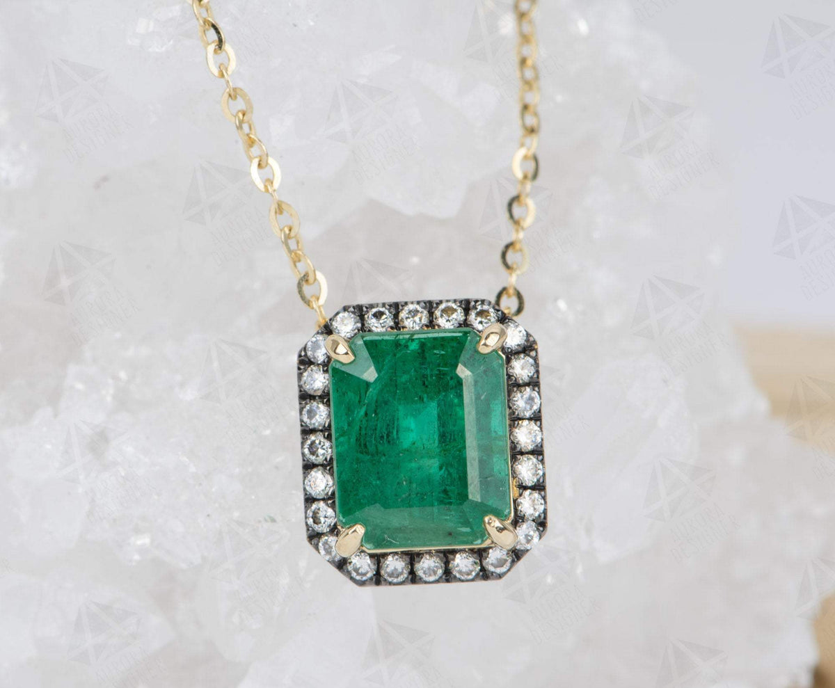 3.19ct Emerald Diamond Halo 14K Yellow Gold Pendant Necklace Green May Birthstone OOAK AD2090