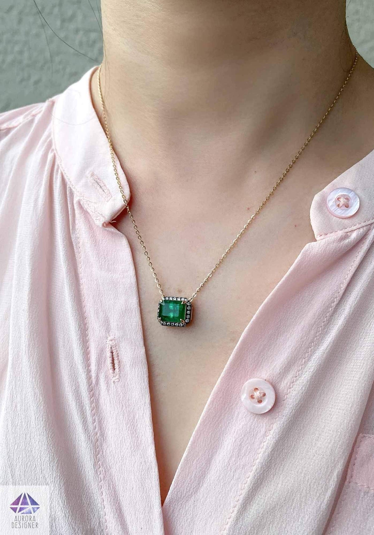 3.19ct Emerald Diamond Halo 14K Yellow Gold Pendant Necklace Green May Birthstone OOAK AD2090