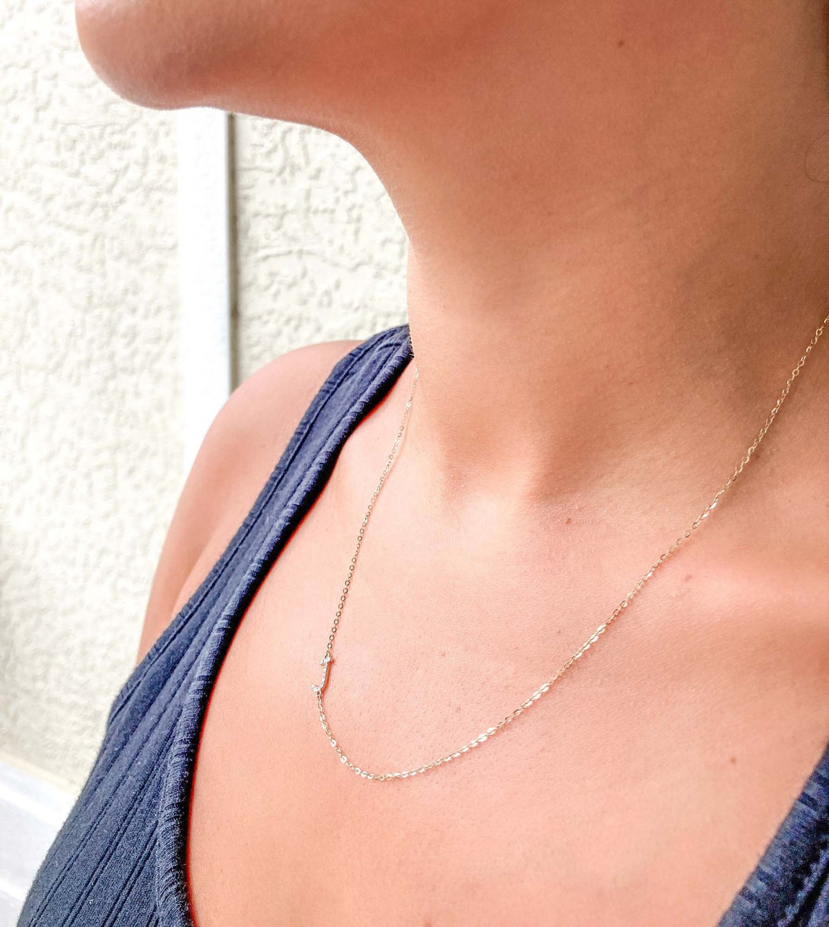 Personalizable Letter Alphabet Sideways Set 14K Gold 1mm Diamond Pave 17.5" Necklace Chain M4002 Aurora Designer