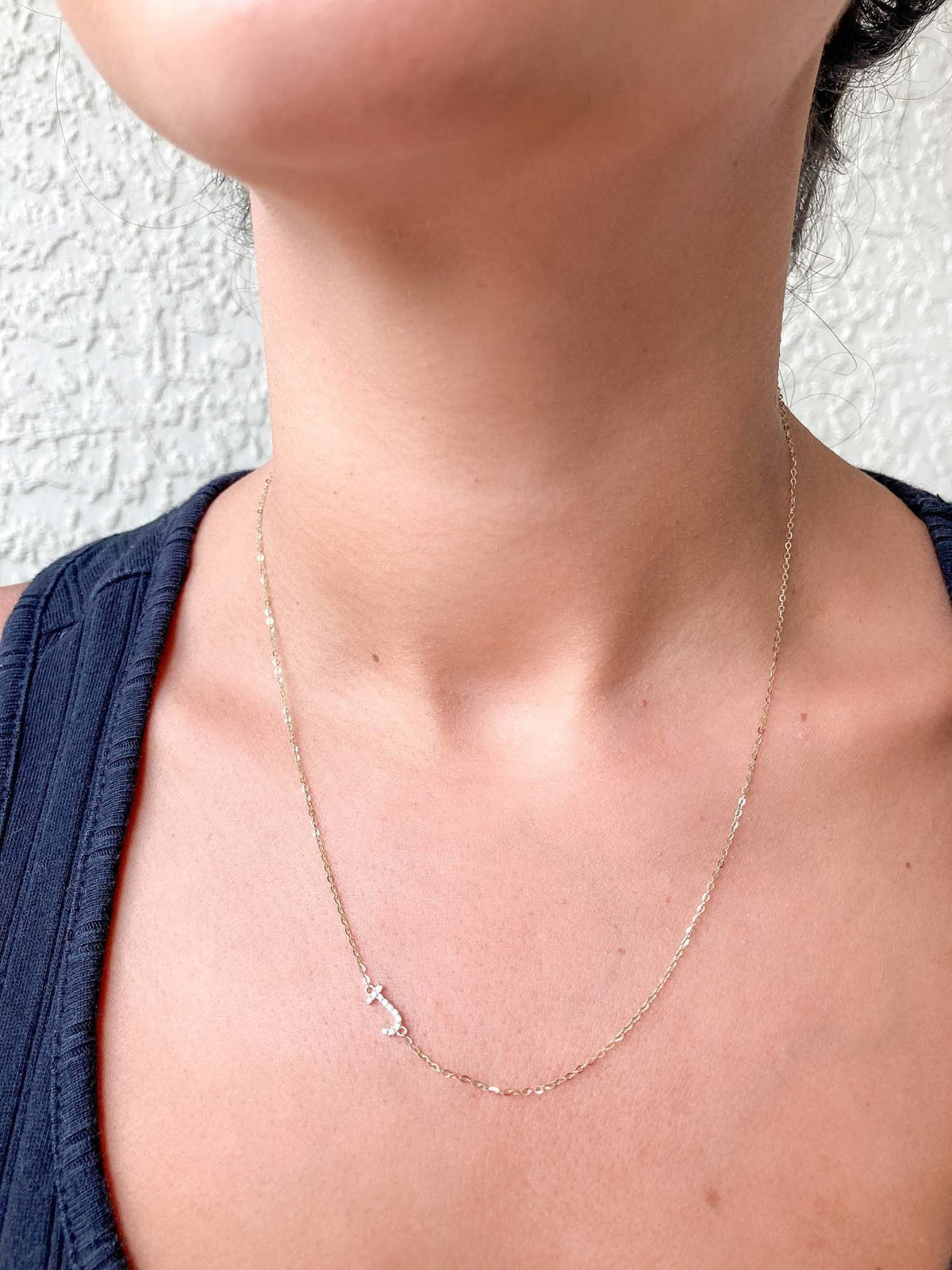 Personalizable Letter Alphabet Sideways Set 14K Gold 1mm Diamond Pave 17.5" Necklace Chain M4002 Aurora Designer
