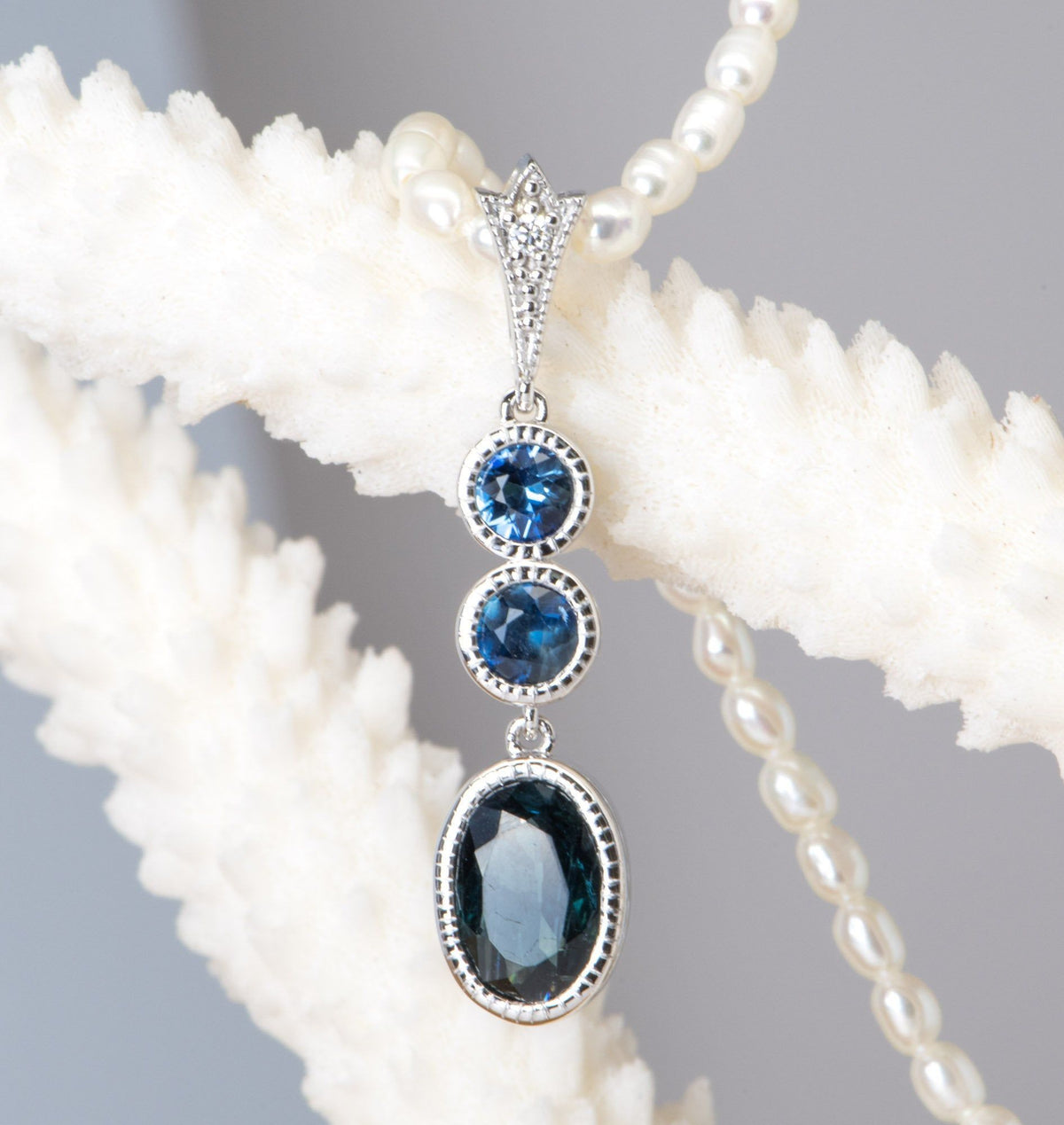 2.01ct Nigerian and Australian Sapphire Victorian Style Pendant 14K White Gold R4013-1 Aurora Designer