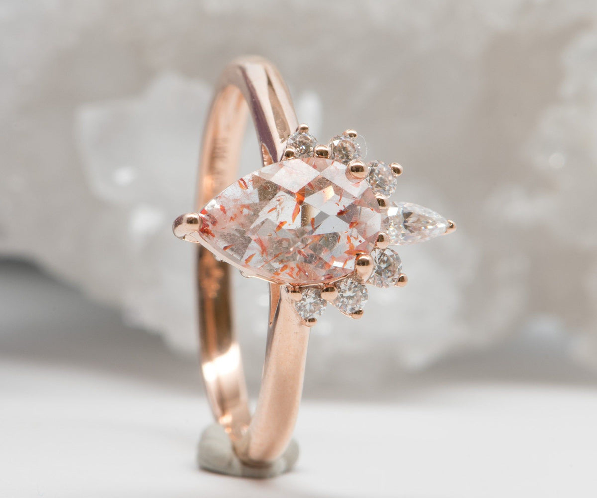 1.11ct Pear-Shape Quartz with Hematite 14K Rose Gold Engagement Ring R6023 Aurora Designer