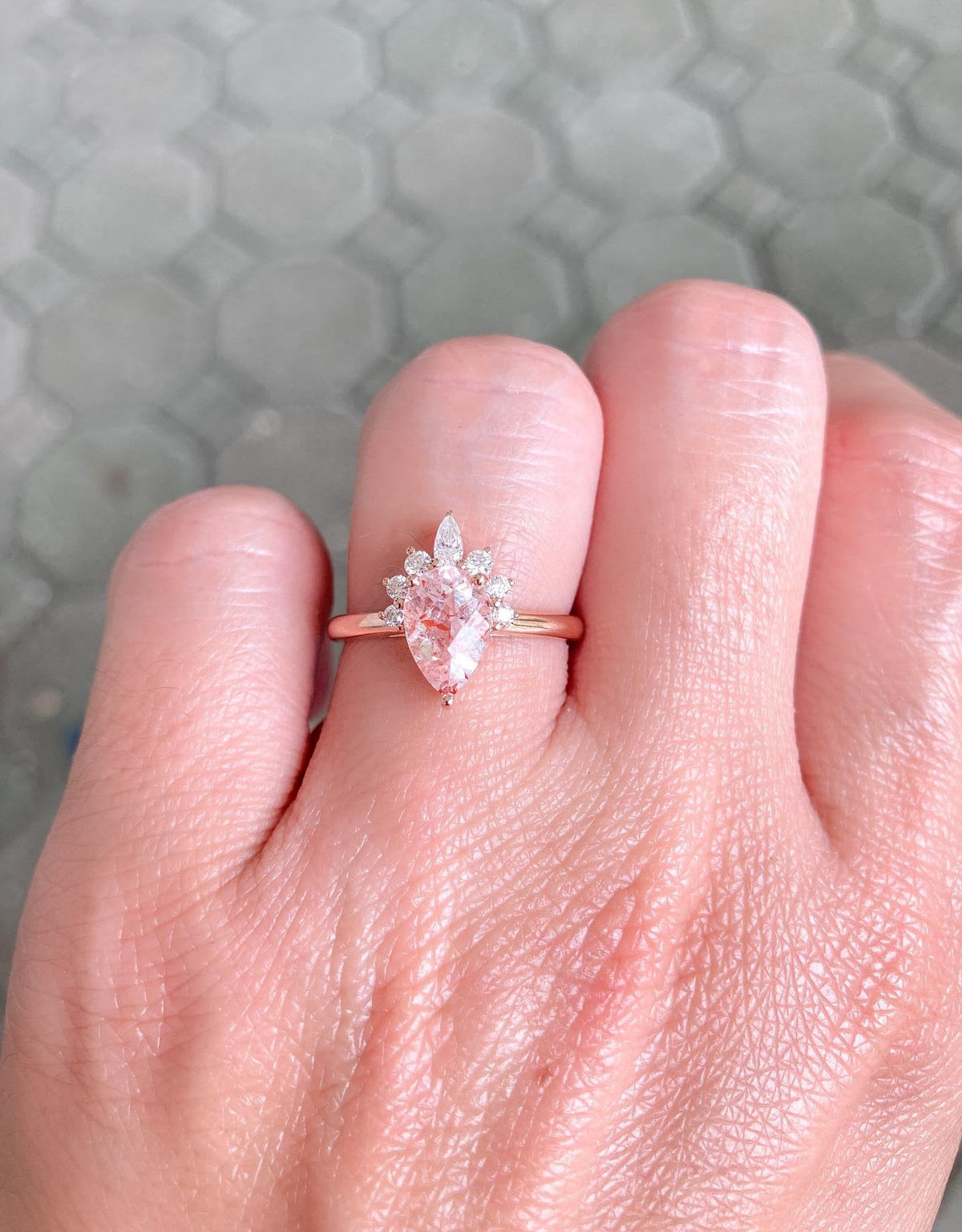 1.11ct Pear-Shape Quartz with Hematite 14K Rose Gold Engagement Ring R6023 Aurora Designer