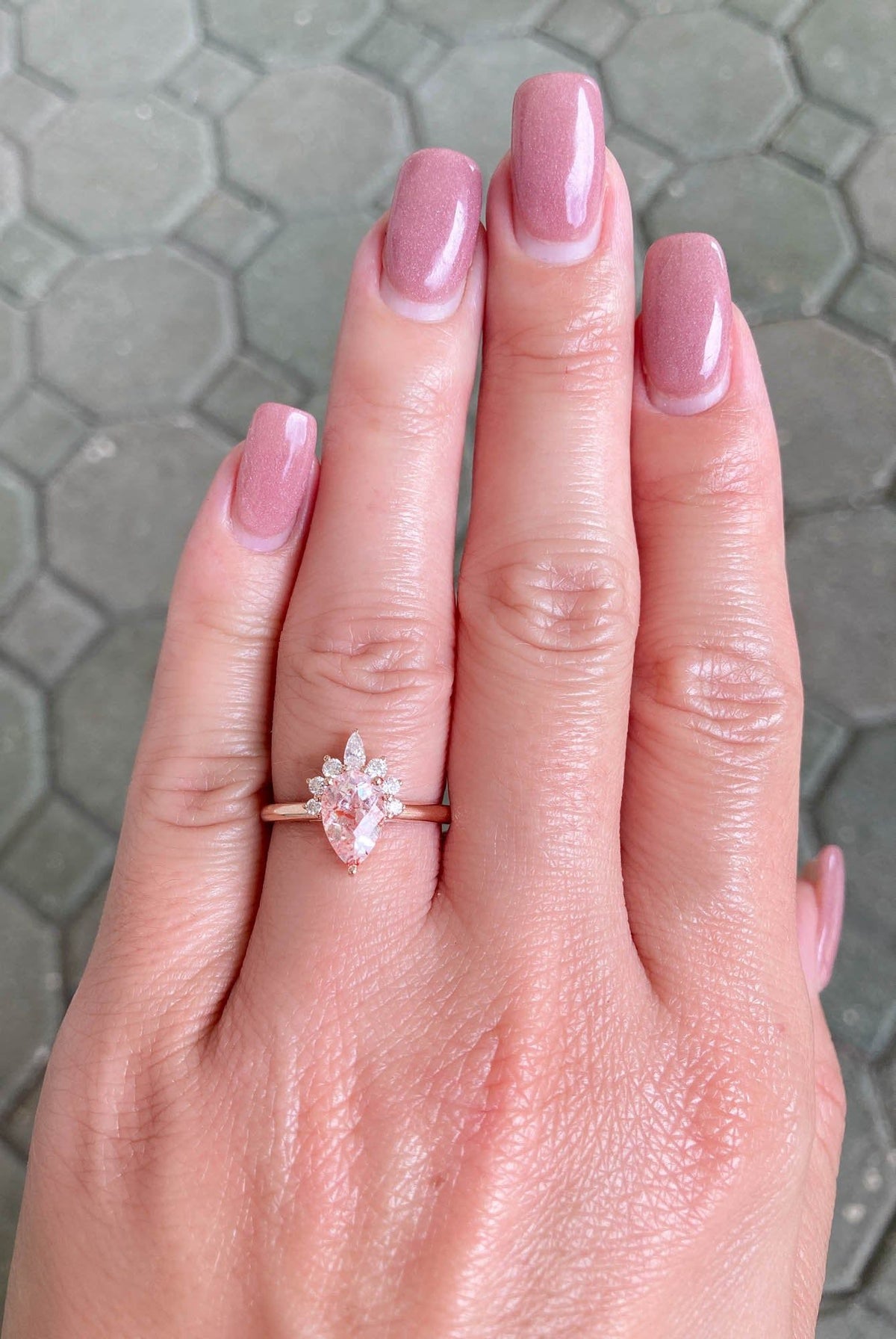 1.11ct Pear-Shape Quartz with Hematite 14K Rose Gold Engagement Ring R6023 Aurora Designer