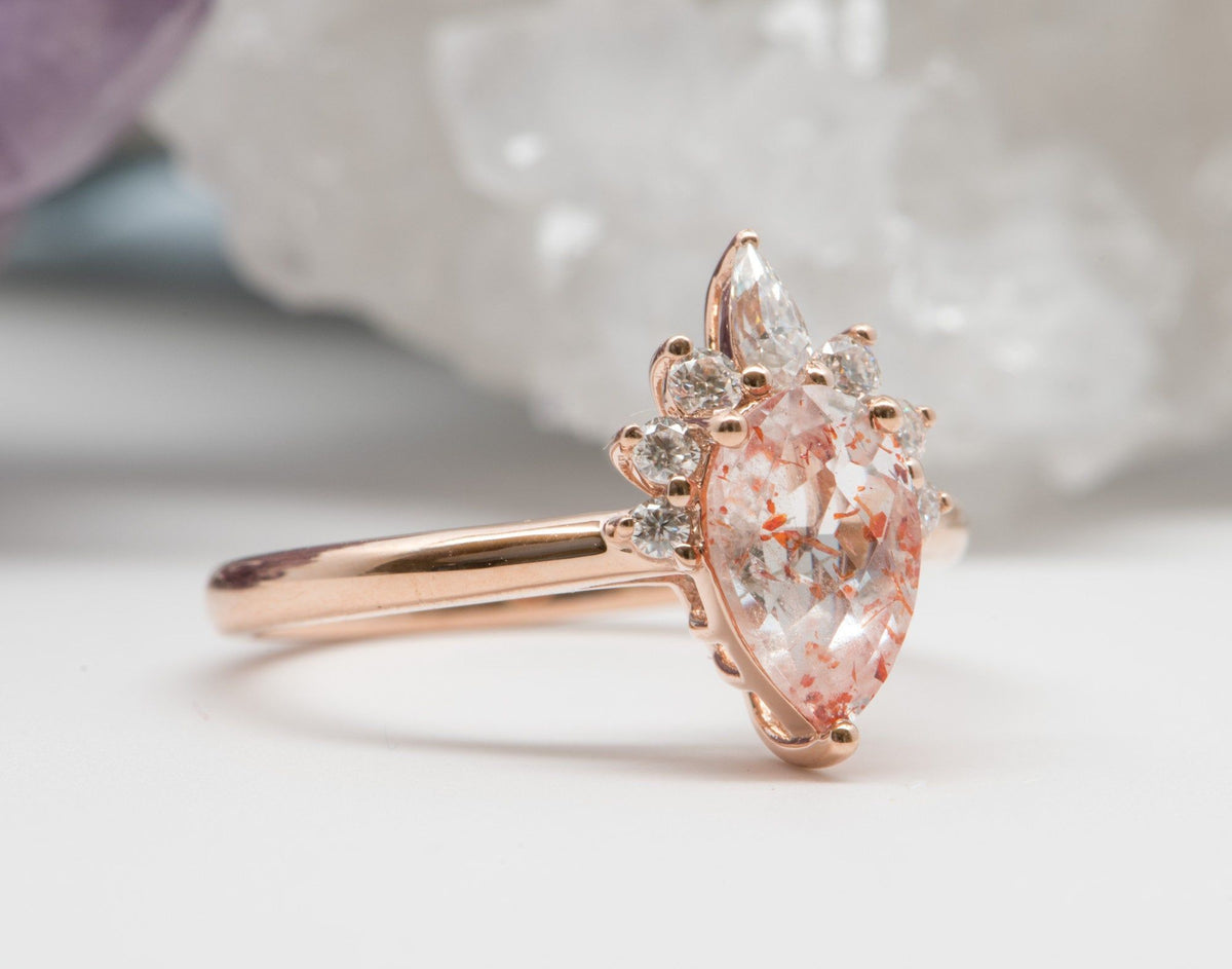 1.11ct Pear-Shape Quartz with Hematite 14K Rose Gold Engagement Ring R6023 Aurora Designer
