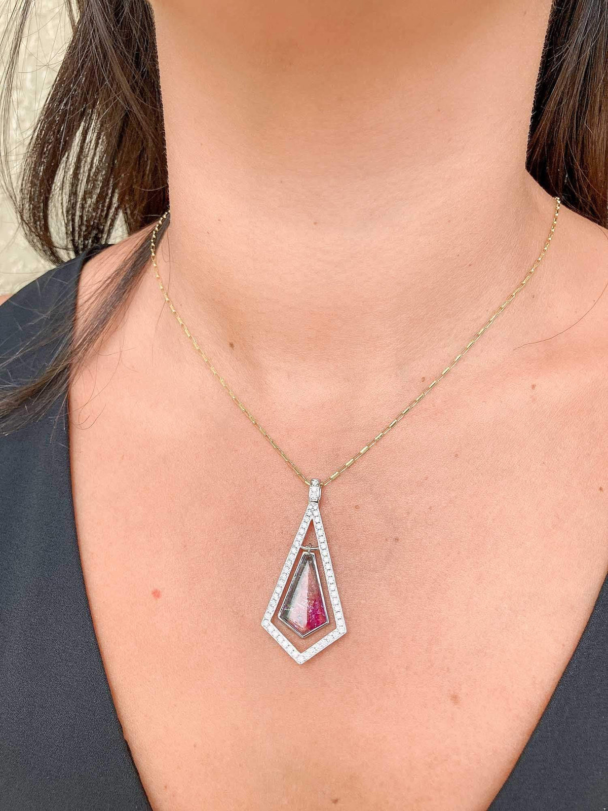 4.18ct Shield Shape Bi-Color Tourmaline 14K White Gold Pendant Moissanite Halo OOAK AD2376