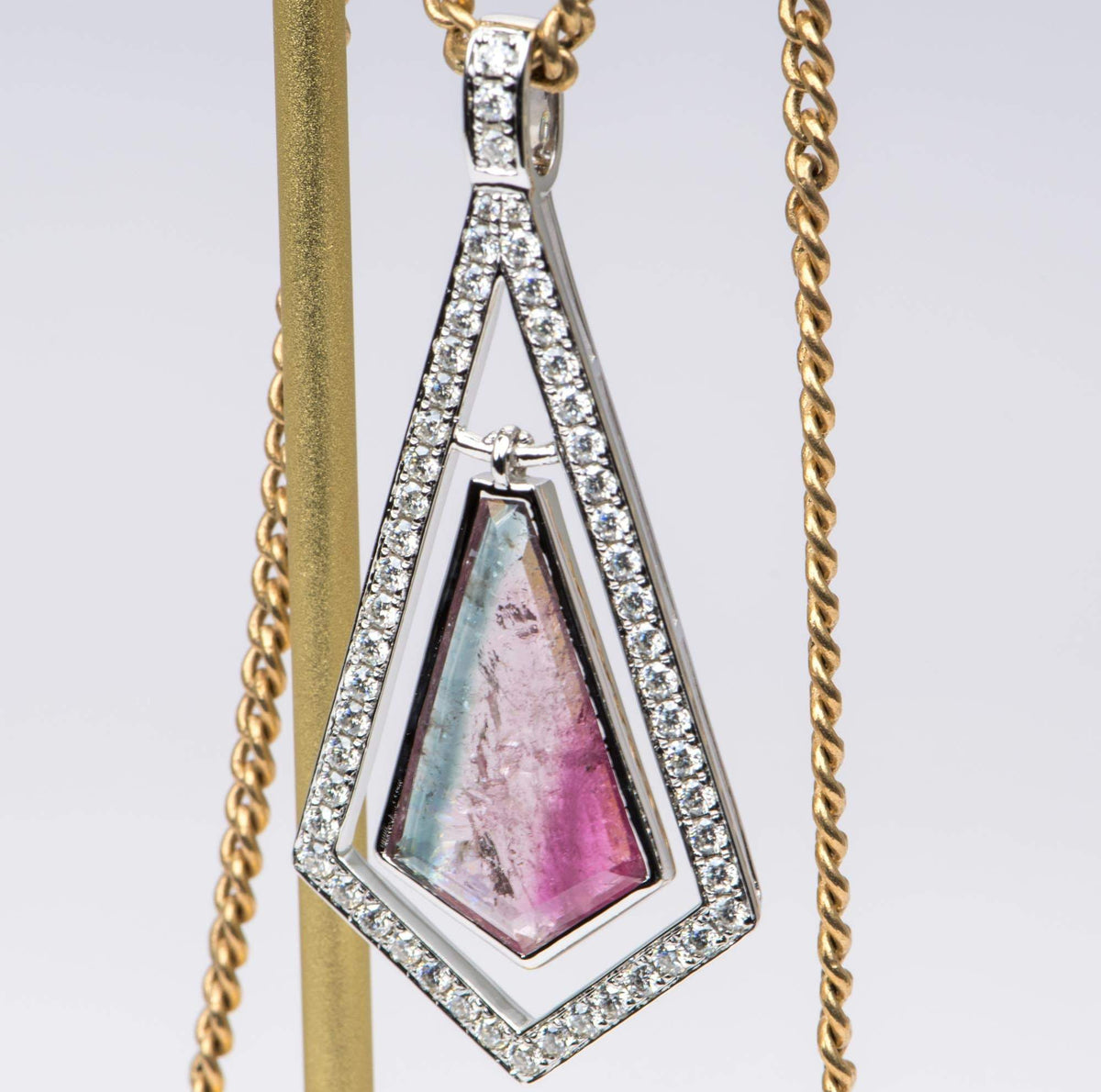 4.18ct Shield Shape Bi-Color Tourmaline 14K White Gold Pendant Moissanite Halo OOAK AD2376