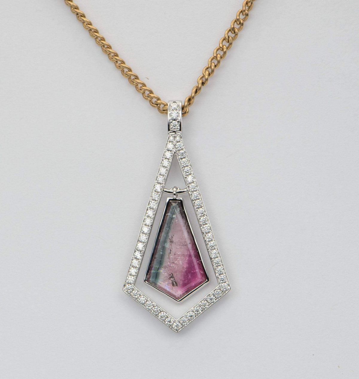 4.18ct Shield Shape Bi-Color Tourmaline 14K White Gold Pendant Moissanite Halo OOAK AD2376