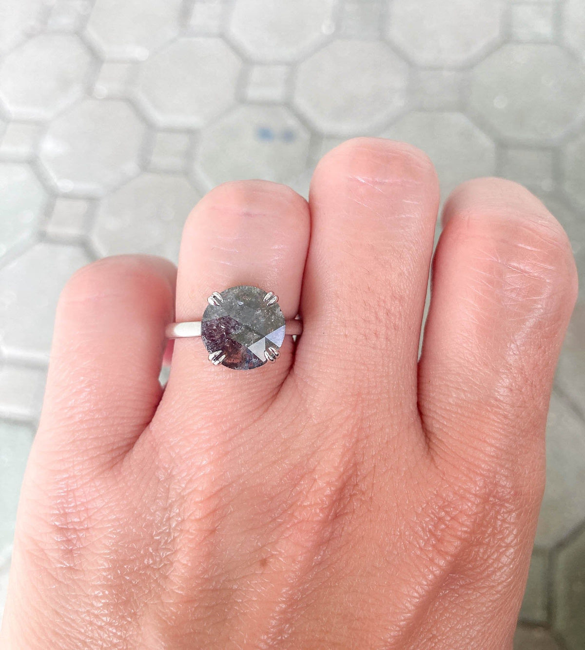 2.37ct Large Rose Cut Salt and Pepper Diamond 14K White Gold Engagement Ring R6001 Aurora Designer