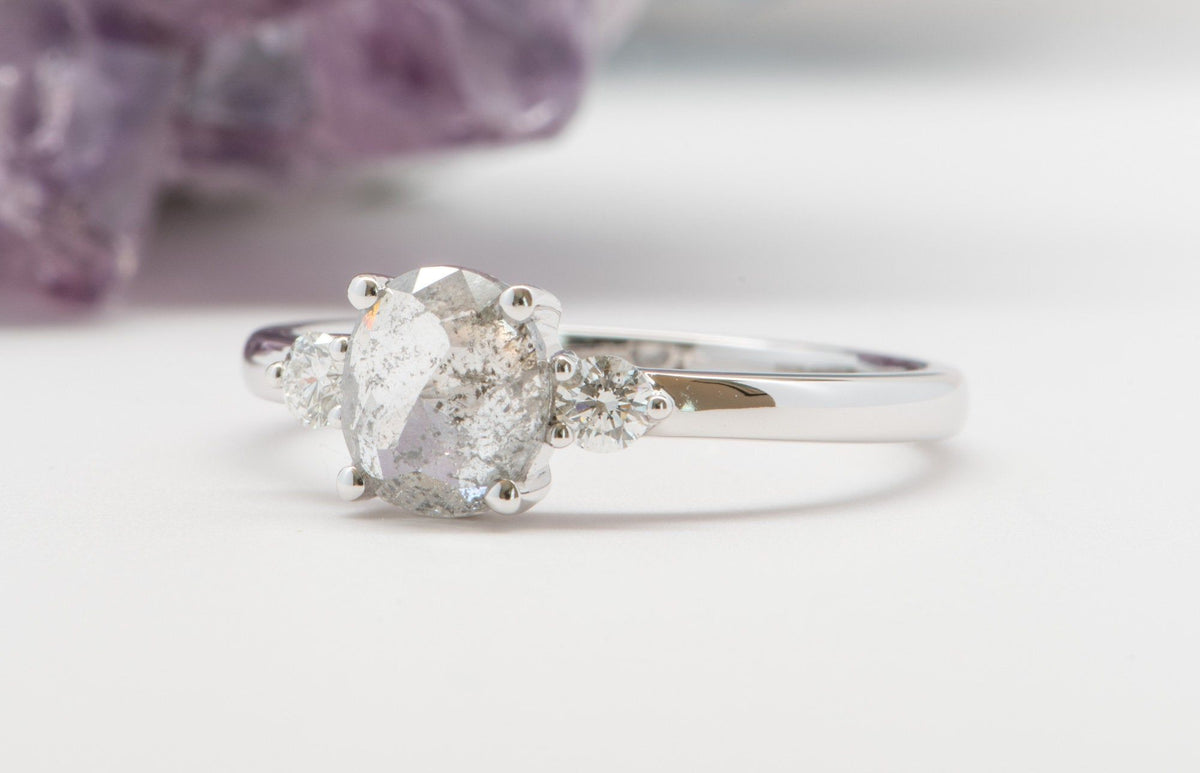 1.05ct Oval Salt and Pepper Diamond 14K White Gold Engagement Ring R6013 Aurora Designer