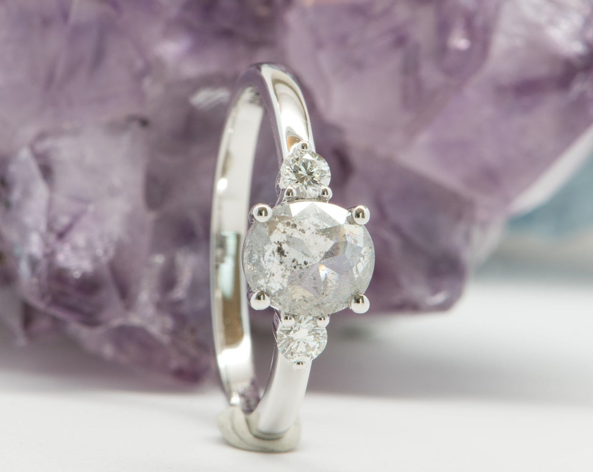 1.05ct Oval Salt and Pepper Diamond 14K White Gold Engagement Ring R6013 Aurora Designer