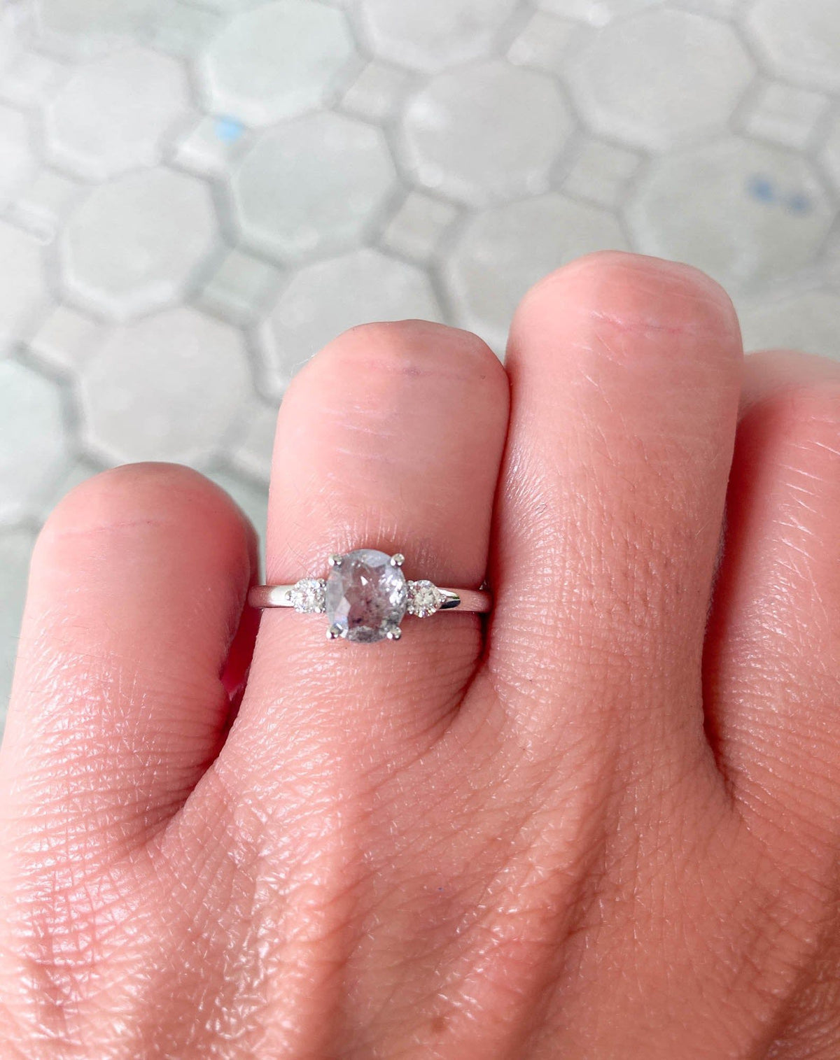 1.05ct Oval Salt and Pepper Diamond 14K White Gold Engagement Ring R6013 Aurora Designer