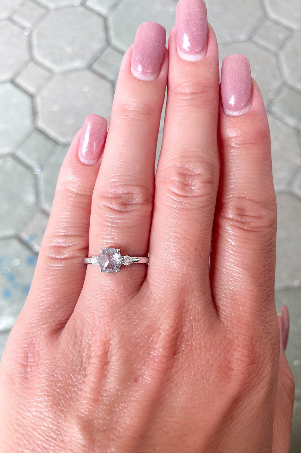 1.05ct Oval Salt and Pepper Diamond 14K White Gold Engagement Ring R6013 Aurora Designer