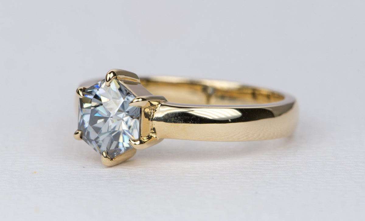 1.3ct Hexagon Gray Moissanite on Wide Band 14K Yellow Gold Engagement Ring AD2368 Aurora Designer