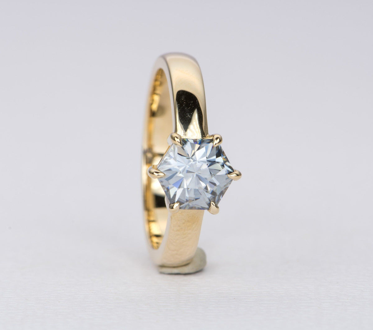 1.3ct Hexagon Gray Moissanite on Wide Band 14K Yellow Gold Engagement Ring AD2368 Aurora Designer