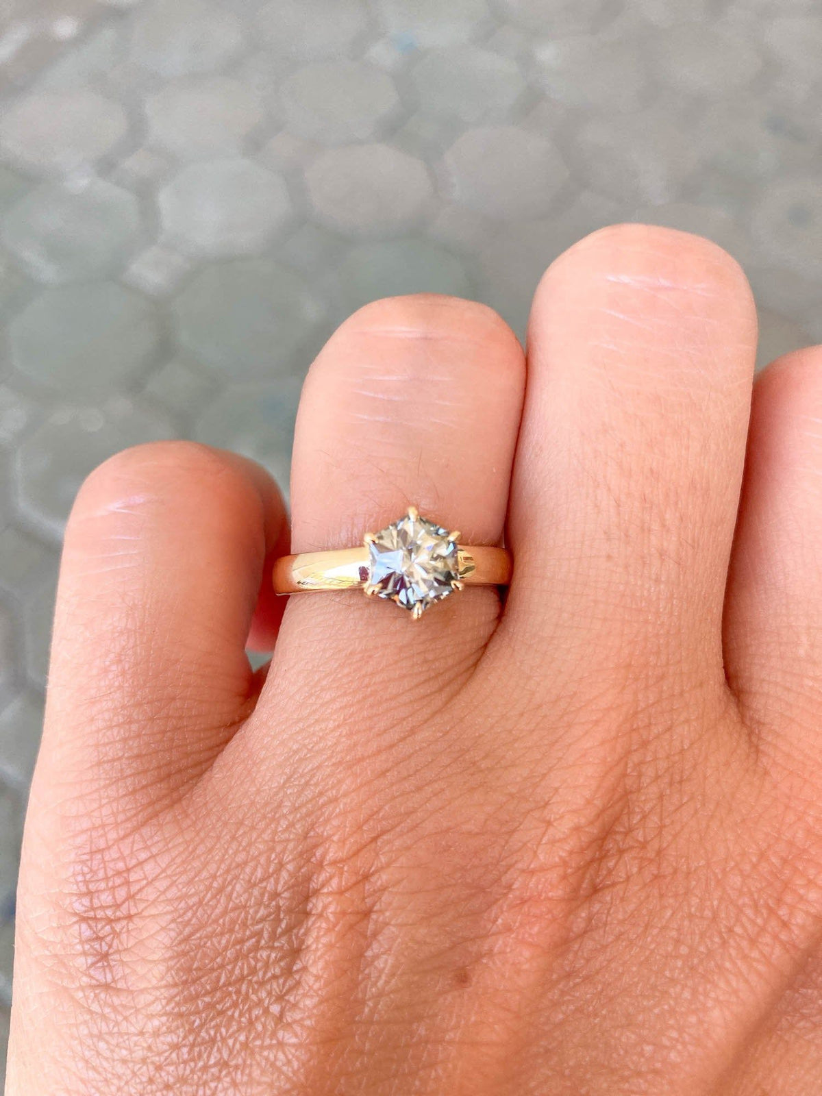 1.3ct Hexagon Gray Moissanite on Wide Band 14K Yellow Gold Engagement Ring AD2368 Aurora Designer