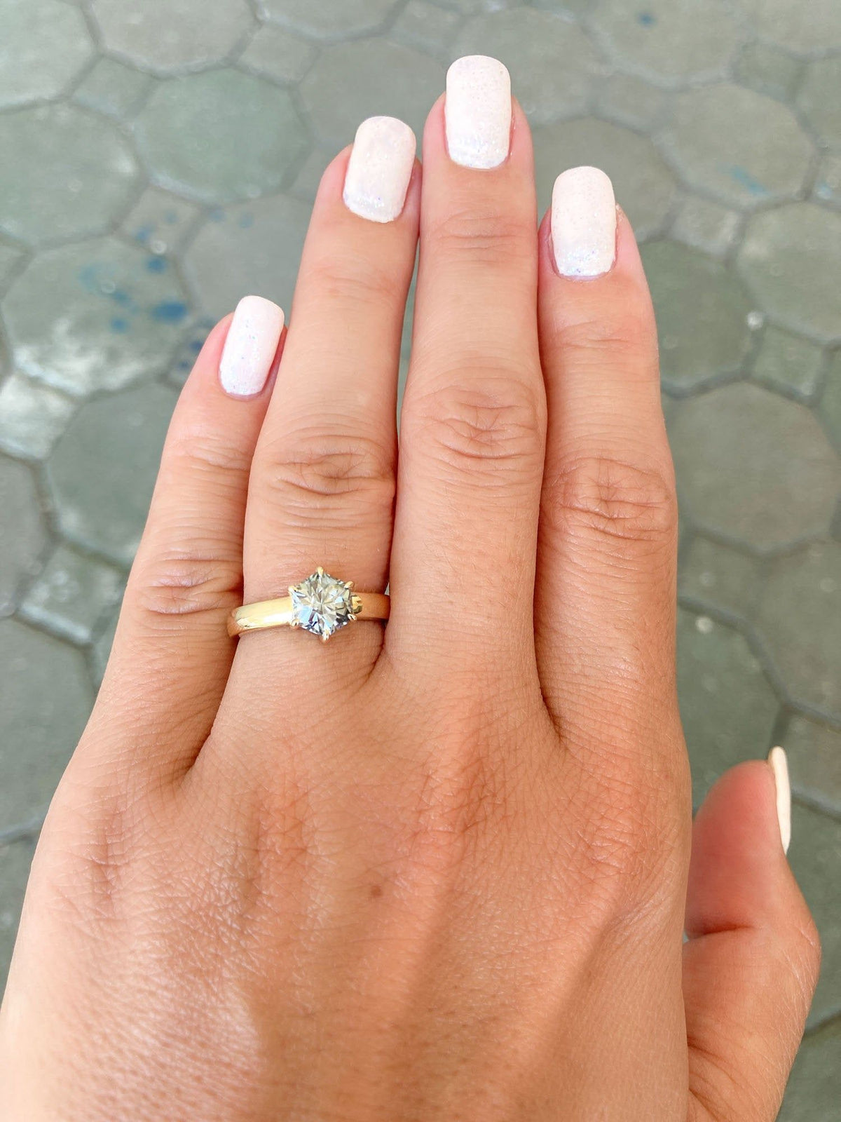 1.3ct Hexagon Gray Moissanite on Wide Band 14K Yellow Gold Engagement Ring AD2368 Aurora Designer