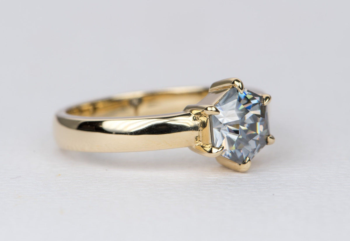 1.3ct Hexagon Gray Moissanite on Wide Band 14K Yellow Gold Engagement Ring AD2368 Aurora Designer