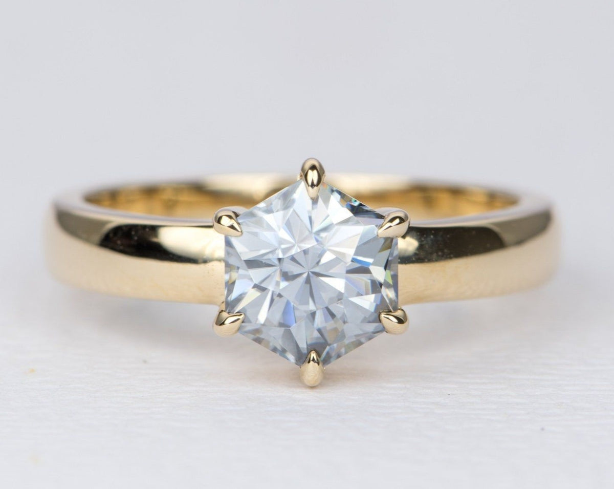 1.3ct Hexagon Gray Moissanite on Wide Band 14K Yellow Gold Engagement Ring AD2368 Aurora Designer