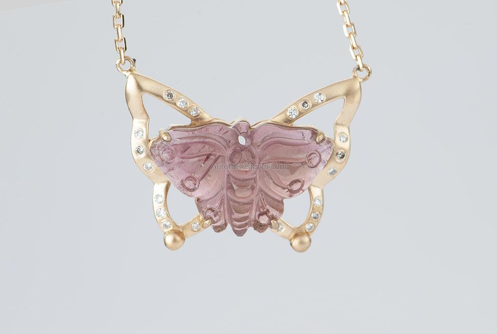 4.22ct Butterfly Tourmaline Carving Necklace Pendant 18K Rose Gold Diamond Highlight Wings AD1560