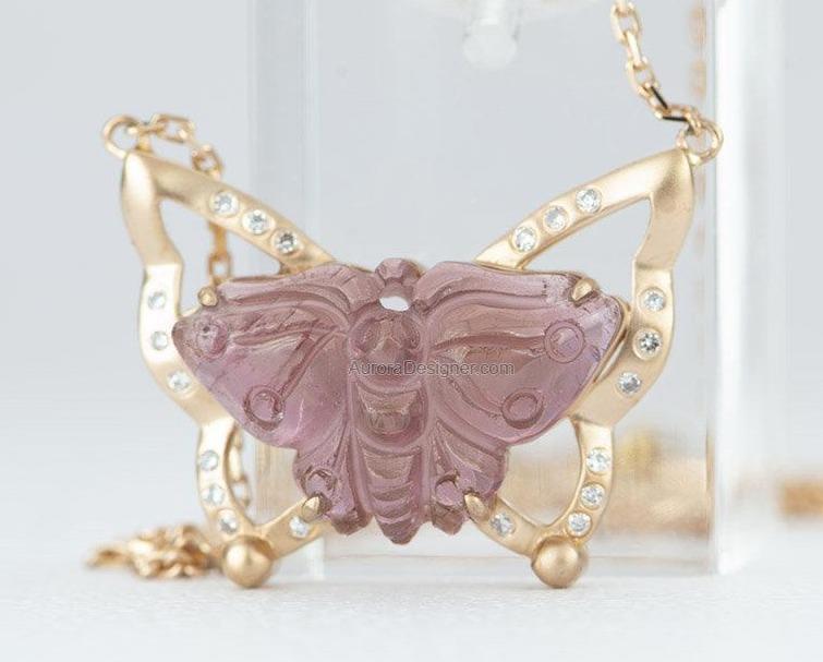 4.22ct Butterfly Tourmaline Carving Necklace Pendant 18K Rose Gold Diamond Highlight Wings AD1560