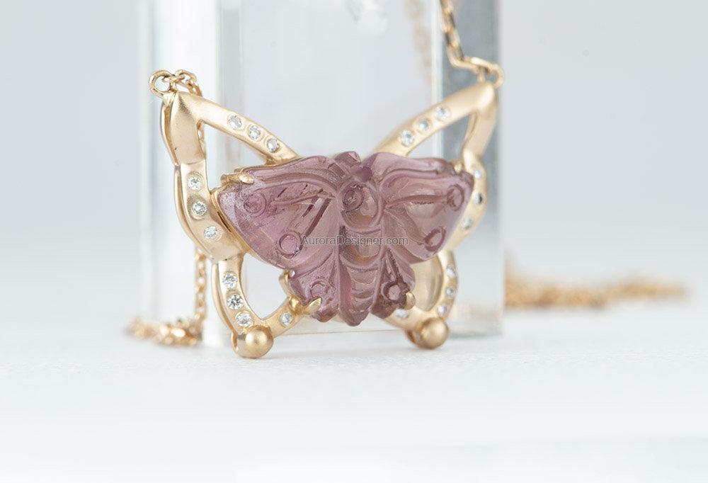 4.22ct Butterfly Tourmaline Carving Necklace Pendant 18K Rose Gold Diamond Highlight Wings AD1560
