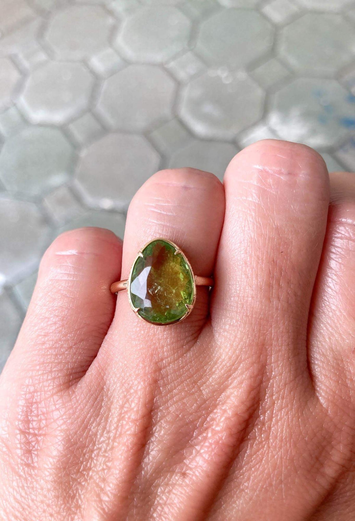 4.2ct Rose Cut Green Freeform Tourmaline 14K Yellow Gold Engagement Ring R6052
