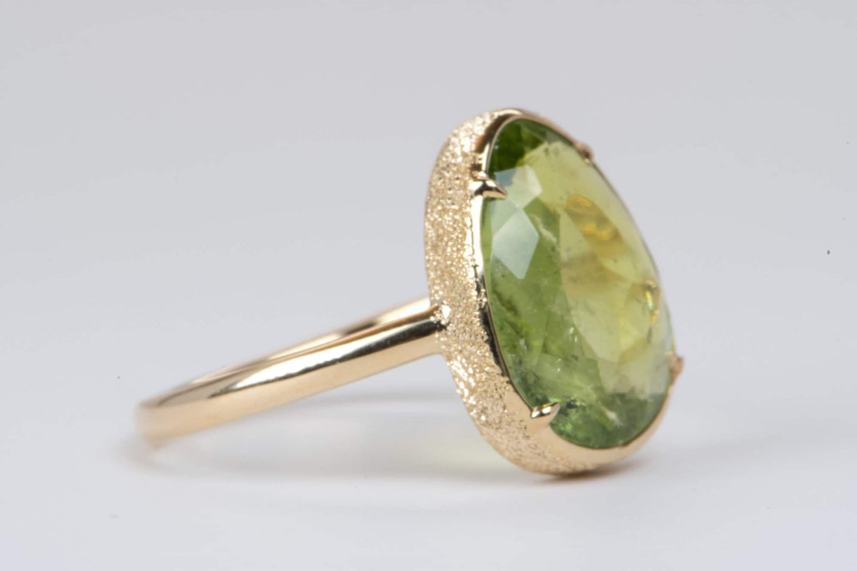 4.2ct Rose Cut Green Freeform Tourmaline 14K Yellow Gold Engagement Ring R6052