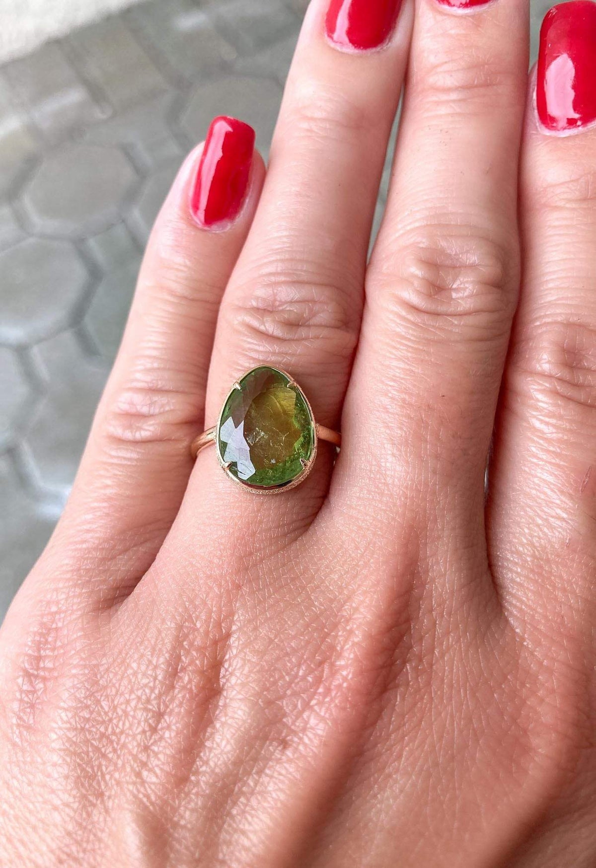 4.2ct Rose Cut Green Freeform Tourmaline 14K Yellow Gold Engagement Ring R6052