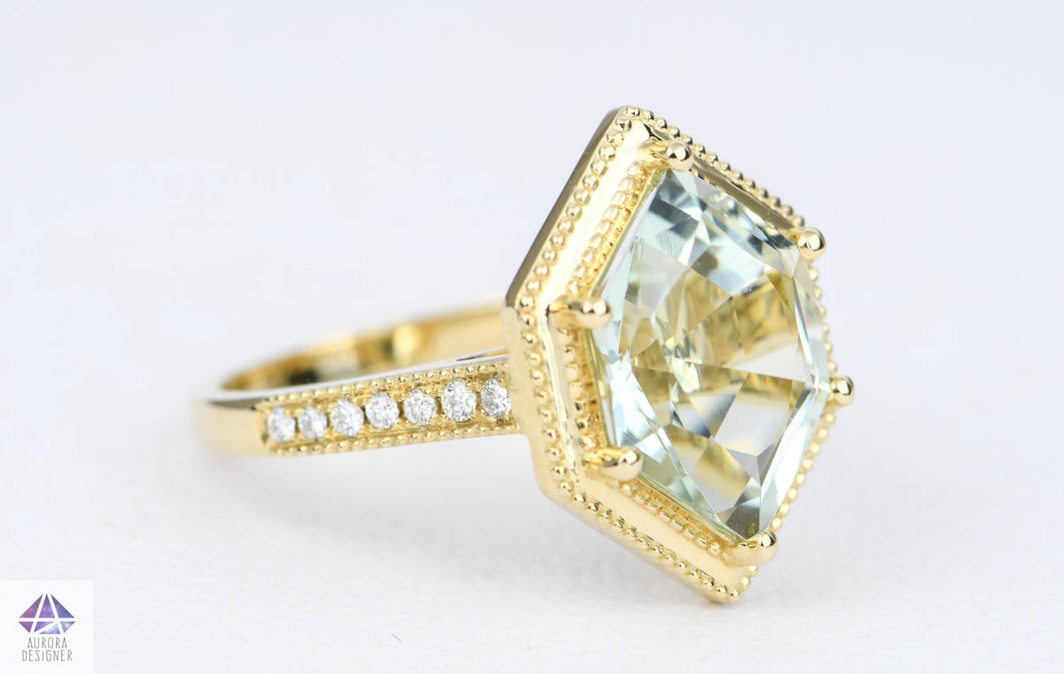 4.33ct Hexagon Green Amethyst 14K Yellow Gold Engagement Ring Milgrain Moissanite Pave Shank AD1995