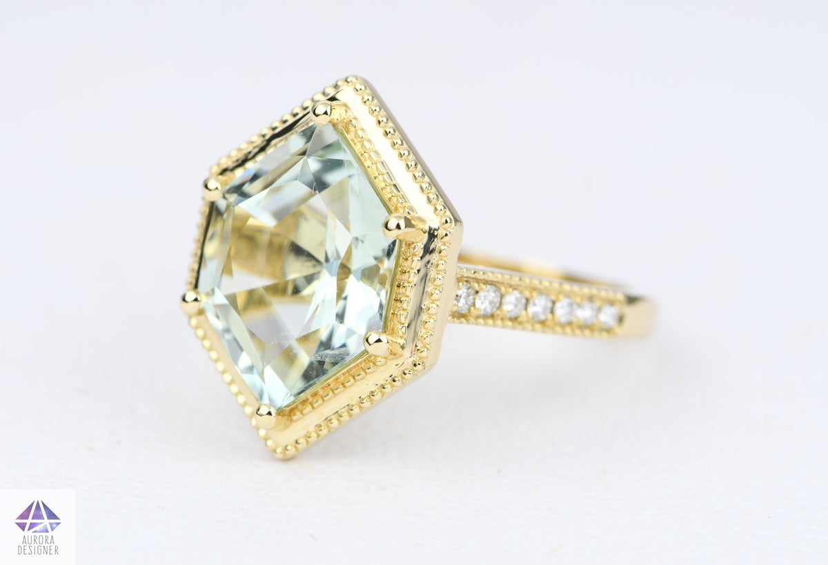 4.33ct Hexagon Green Amethyst 14K Yellow Gold Engagement Ring Milgrain Moissanite Pave Shank AD1995