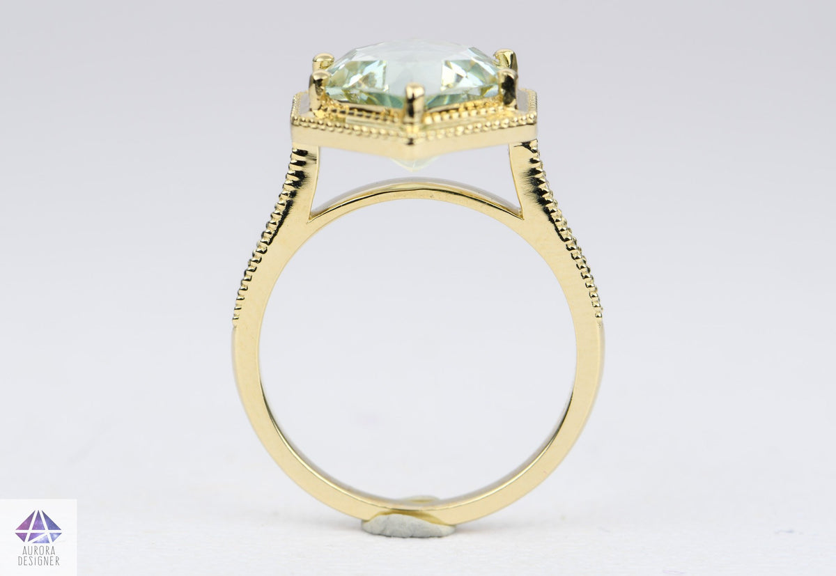 4.33ct Hexagon Green Amethyst 14K Yellow Gold Engagement Ring Milgrain Moissanite Pave Shank AD1995