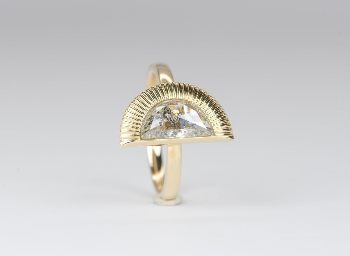 Half Moon Shape Salt and Pepper Diamond Sunburst Engagement Ring 14K Yellow Gold R6075 Aurora Designer