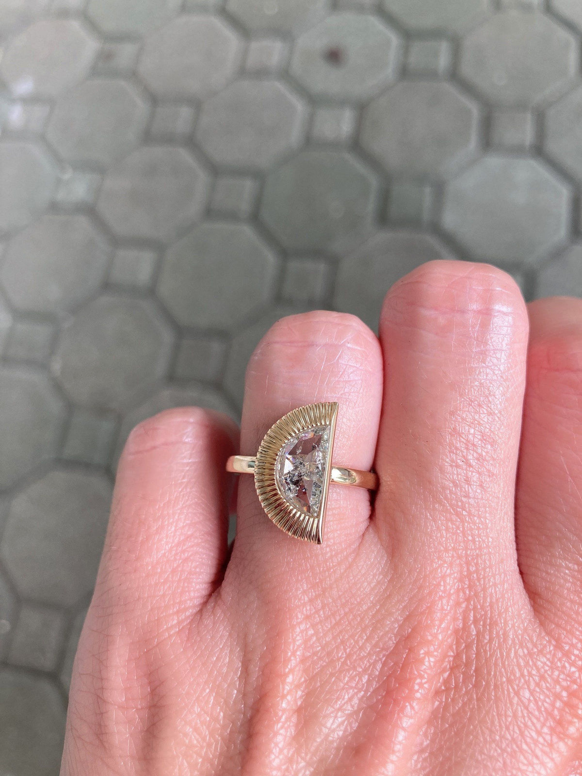 Half Moon Shape Salt and Pepper Diamond Sunburst Engagement Ring 14K Yellow Gold R6075 Aurora Designer