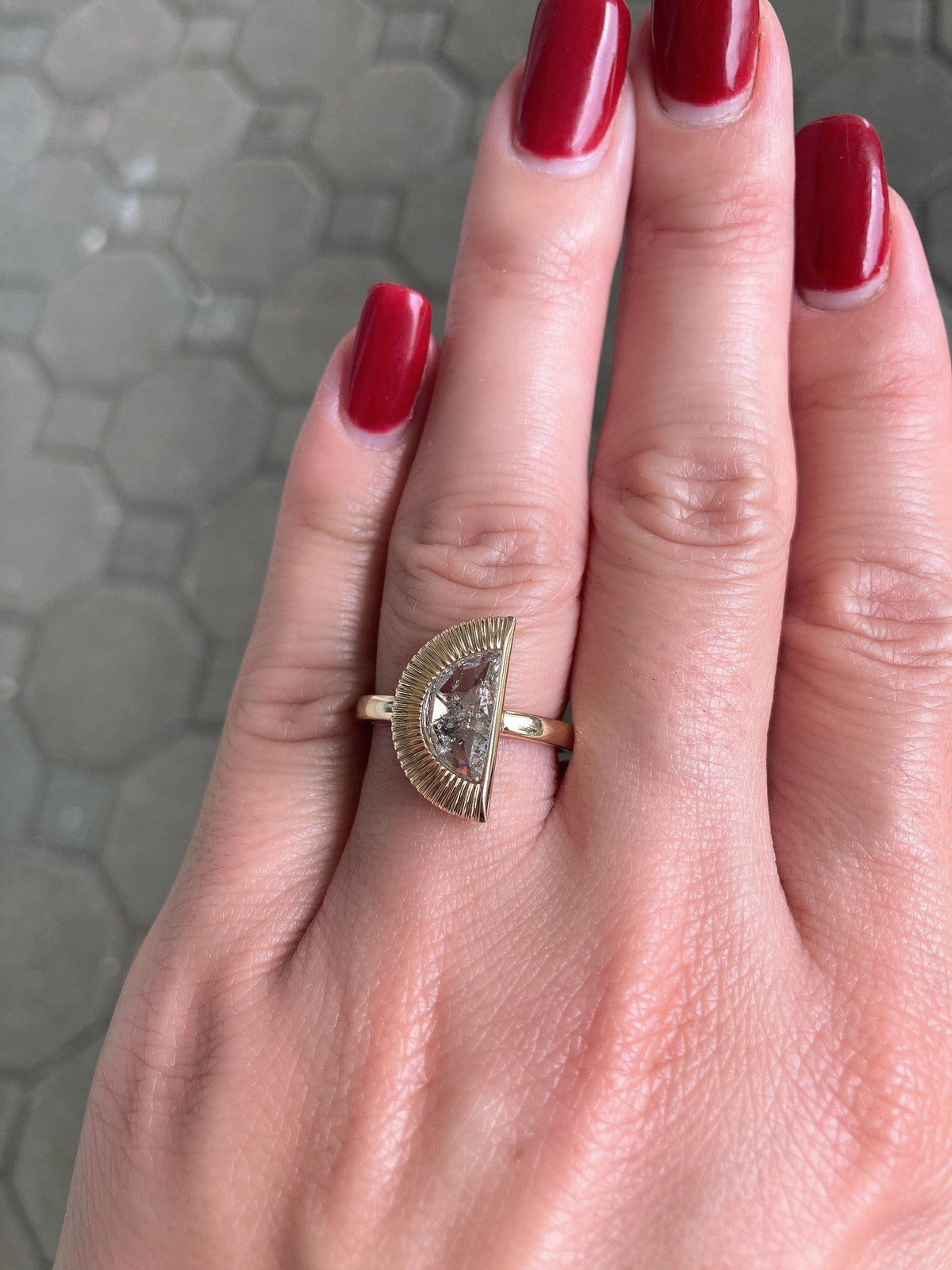 Half Moon Shape Salt and Pepper Diamond Sunburst Engagement Ring 14K Yellow Gold R6075 Aurora Designer