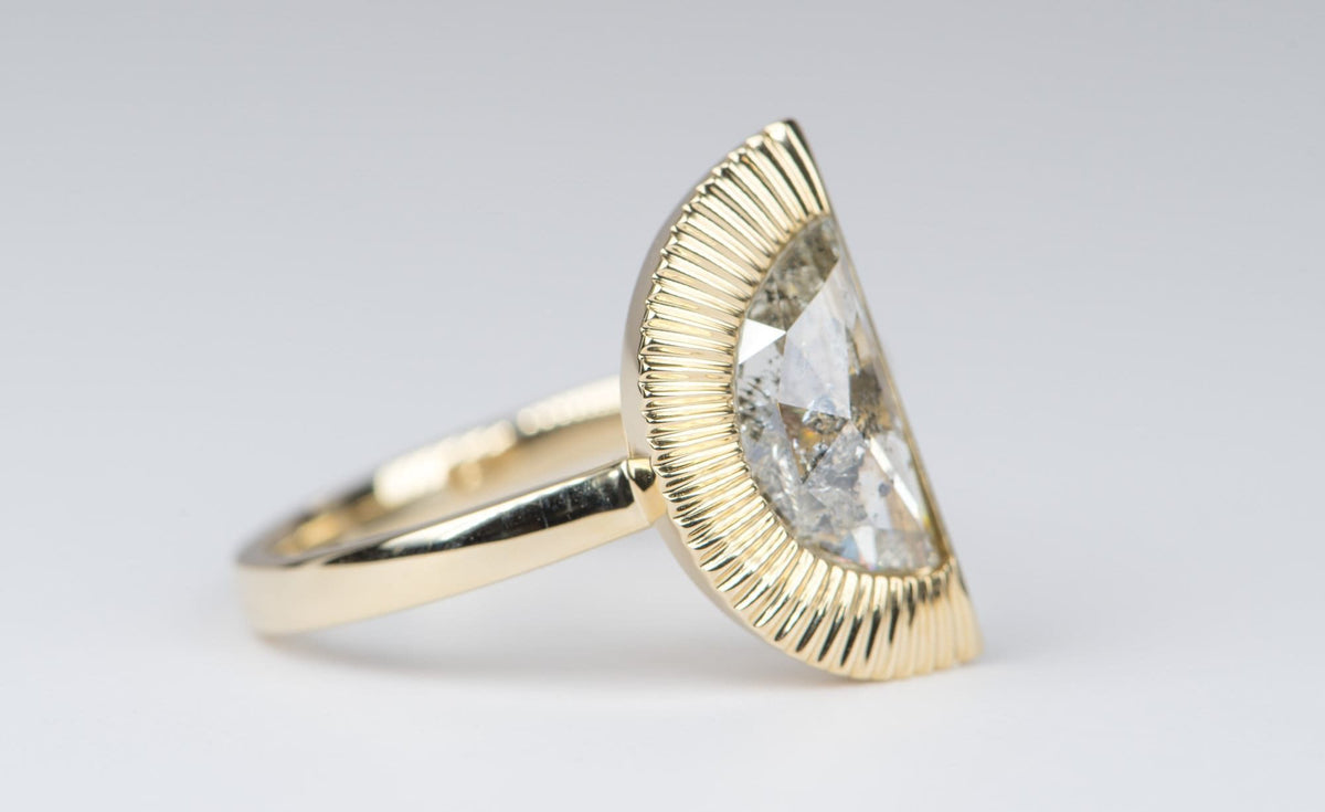 Half Moon Shape Salt and Pepper Diamond Sunburst Engagement Ring 14K Yellow Gold R6075 Aurora Designer