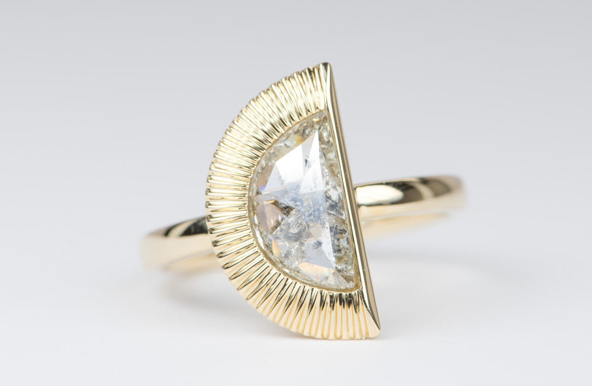 Half Moon Shape Salt and Pepper Diamond Sunburst Engagement Ring 14K Yellow Gold R6075 Aurora Designer