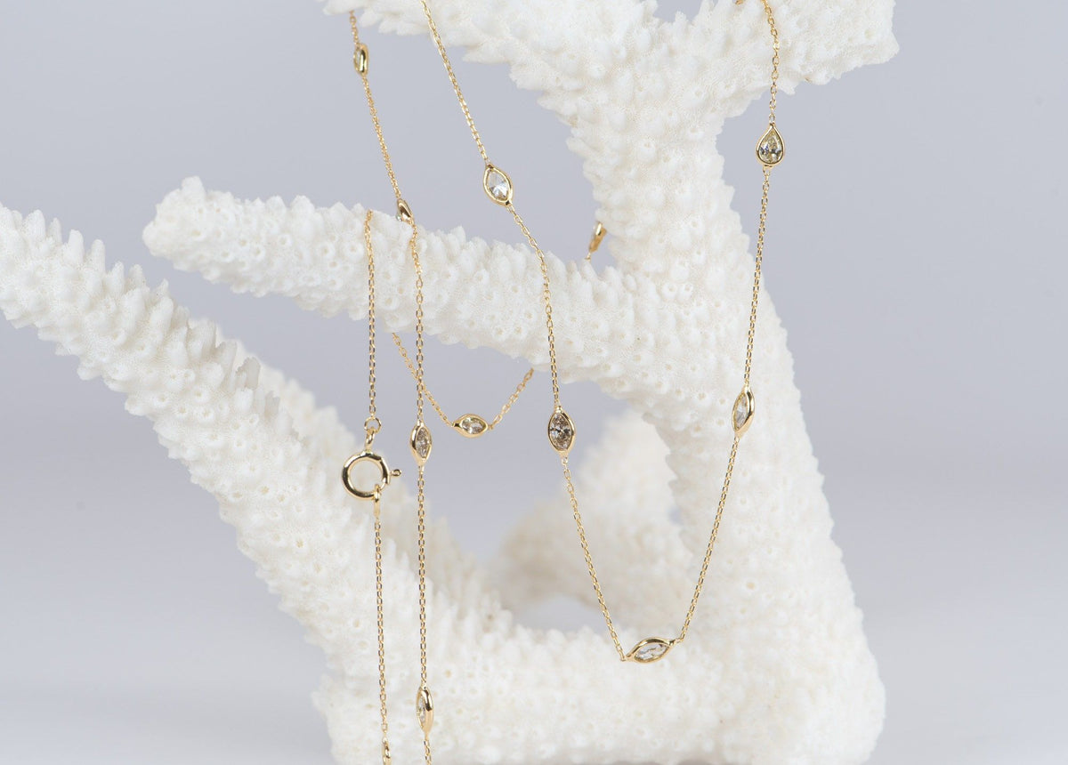 Marquise and Pear Shape Diamond Station Dainty Necklace 18K Yellow Gold R4061 Aurora Designer